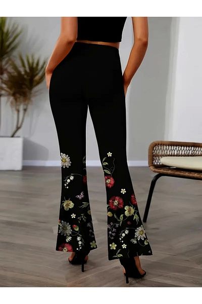Silerra Pantaloni de damă cu talie înaltă, cu imprimeu floral, cu picior lung și scufundări