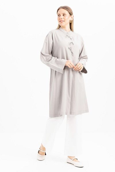 ALLDAY Gray-Half Patched Tie-Up Linen Tunic