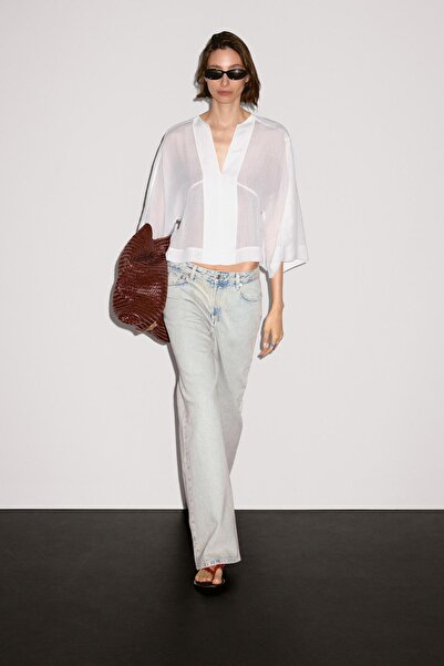 Massimo Dutti Dikiş detaylı dökümlü keten karışımlı bluz