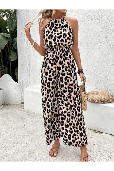 Modayakamoz New Season Women's Open Shoulders, Halter Neck, Elastic Waist Patterned Diving Jumpsuit