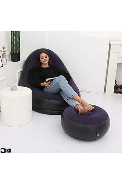 SIKS Inflatable Armchair Set With Footrest, Velvety Exterior, Made of PVC, 62x62x31cm, Black/Purple