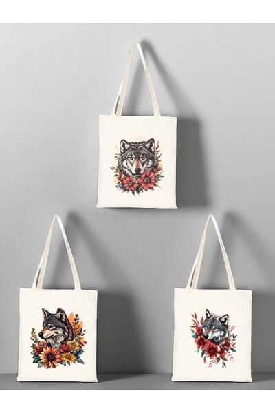 lili hediyelik Flower and Wolf Printed Cloth Bag 3-Piece Shoulder Bag - Birthday Gift for Women Gift Product Goods