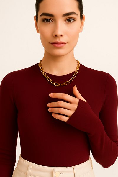 ParlaMira Women's Burgundy Finger Snap Long Sleeve Crew Neck Lycra Bodysuit