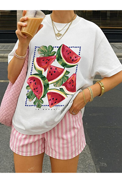 Plaza Butik Tricou oversize cu imprimeu pepene verde pentru damă