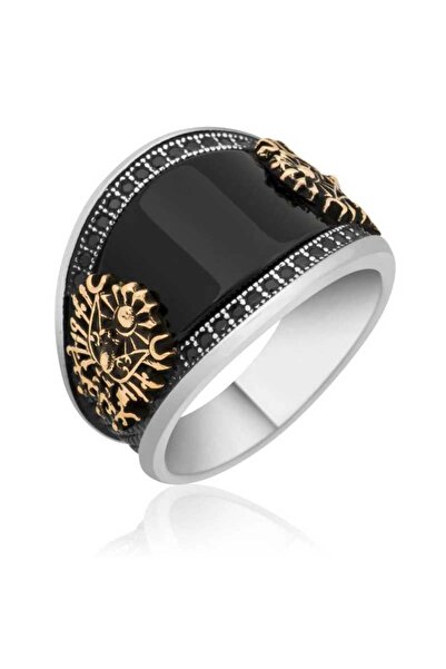 playzone خاتم رجالي من نيدام بوتيك باللون الفضي والأسود مع شعار عثماني مرصع ب...
