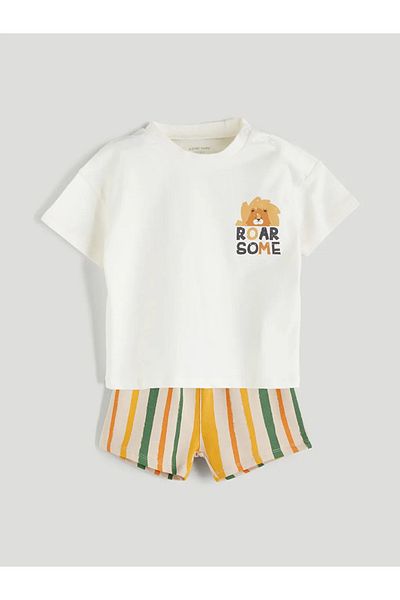 LC Waikiki Lcw Baby Ecru Cute Printed Baby Boy T-Shirt and Shorts 2-Pack