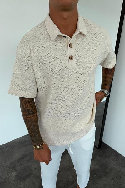 MADZEYMODA Ανδρικό μπλουζάκι με γιακά με άνετο εκρού πλεκτό KE-7017