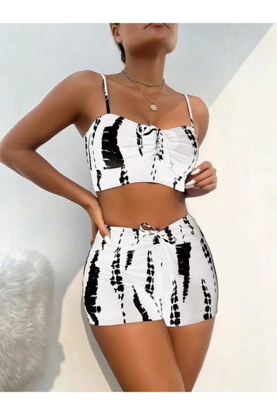 ASM BUTİK Women's Gather Detailed Strappy Crop Mini Tights Double Set