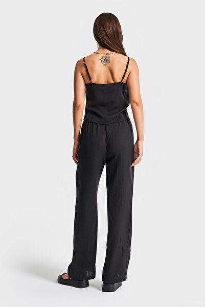 its basic Дамски черен цвят s5-1 Удобен летен платнен панталон бюстие, комбинация от 2 части