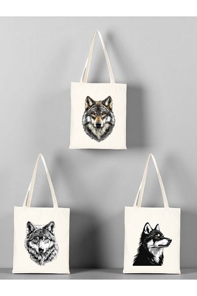 lili hediyelik Wolf Printed Cloth Bag 3-Piece Shoulder Bag - Large Cloth Bag