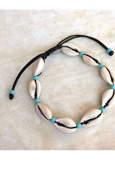 Stoneday Cream Seashell Turquoise Sand Bead Detailed Summer Rope Bracelet