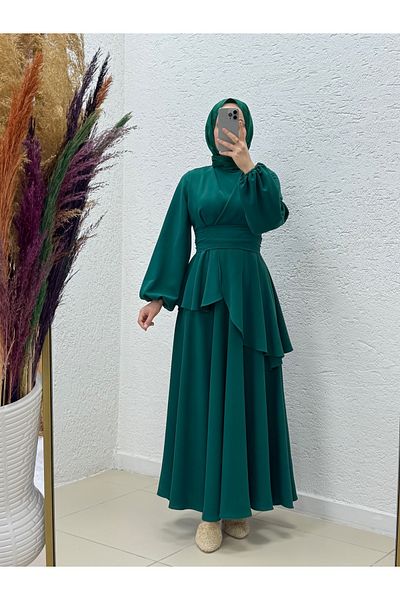 MİHRA STORE Tirona Skirt Detailed Crepe Dress-Pa9646 Emerald Green