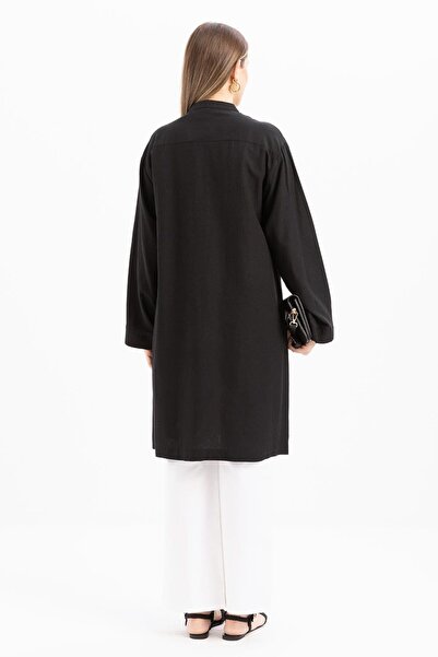 ALLDAY Siyah-Yarım Patlı Bağlamalı Keten Tunik