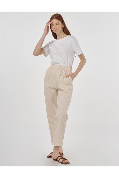 Kayra Elastic Waist Pipe Leg Trousers Ecru