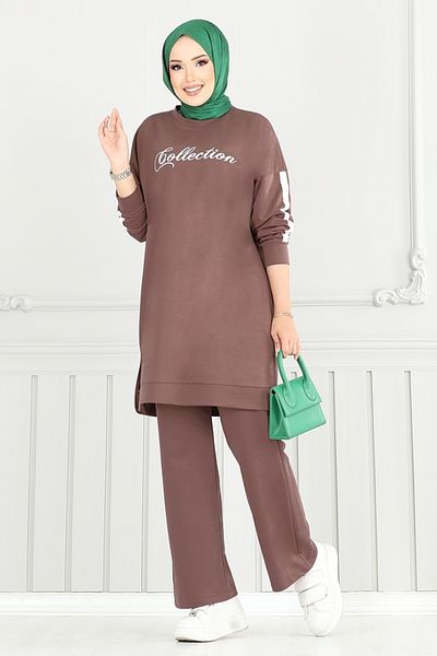 ModaMerve Text Printed Hijab Suit 4107Pm1063-M Light Brown