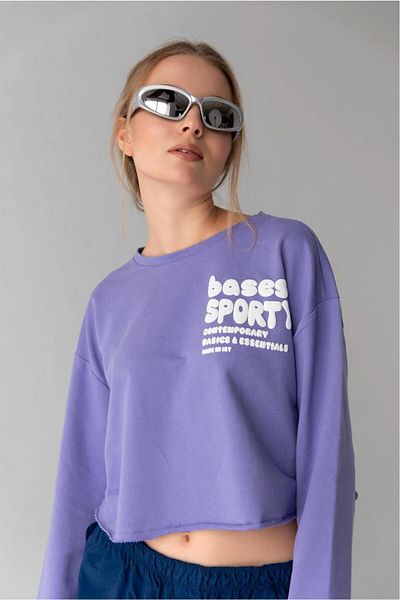 bases. Women's Purple Crew Neck Crop Puff Printed Long Sleeve Sweatshirt