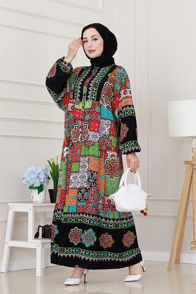 Sevitli Half Button Robe Patch Pattern Dress-Black