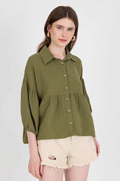 Rays Cămașă kaki 100% bumbac cu aspect de in, cu nasturi 4783A