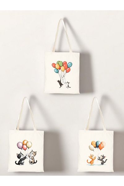 lili hediyelik Balloon Cat Printed Cloth Bag 3-Piece Shoulder Bag - Birthday Gift for Women Gift Product Merchandise