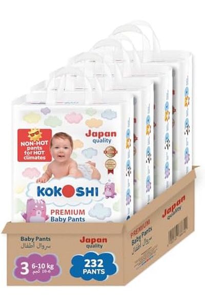Kokoshi Premium Baby Pants, Size 3 for babies 6-10kg x 232pcs, Eco-friendly and Hypoallergenic Nappi