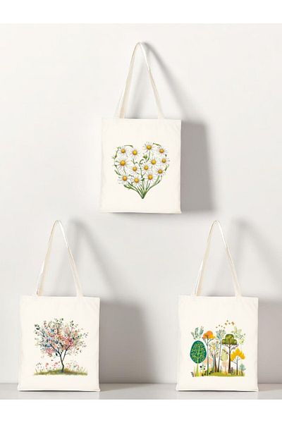lili hediyelik Floral Printed Cloth Bag 3-Piece Shoulder Bag - Gift for Lover