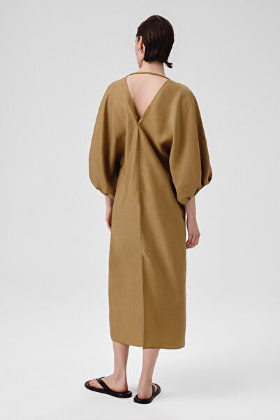 Triko Mısırlı Haki Balon Kollu V Yaka Elbise