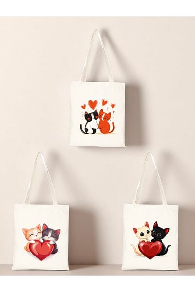 lili hediyelik Heart and Cat Printed Cloth Bag 3-Piece Shoulder Bag - Birthday Gift for Women