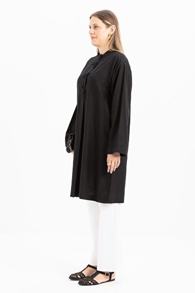 ALLDAY Siyah-Yarım Patlı Bağlamalı Keten Tunik