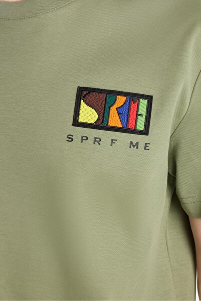 Tudors Relax Fit Relaxed Fit Cotton Front and Back Print and Embroidery Detail Crew Neck Khaki T-Shirt