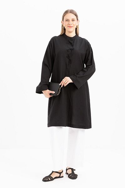 ALLDAY Black-Half Placket Tie-Up Linen Tunic
