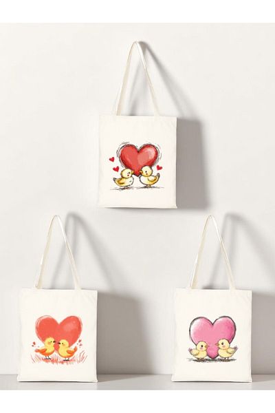 lili hediyelik Heart and Chick Printed Cloth Bag 3-Piece Shoulder Bag - Birthday Gift for Lover