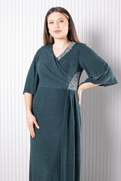 DENİMİNİ Kısa Kol V Yaka Taş Aksesuarlı Simli Abiye DNM2541