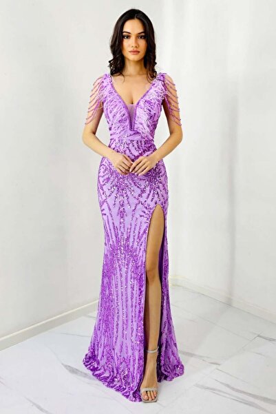 FashionForYou Βραδινό φόρεμα Lady Margo με φτερά, παγιέτες και βαθύ τούλινο ν...