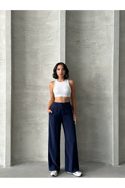 Miss Prova Wide Leg Draped Summer Pants with Waist Tie and Waist Elastic Misspnt2659