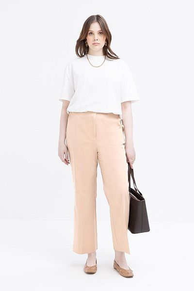 ALLDAY Beige-Elastic Waist Plus Size Lycra Carrot Trousers