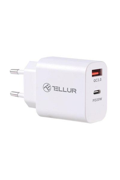 TELLUR Tellur PDHC101 mains charger, 1 x USB-A, 1 x USB Type-C, PD 20W + QC 3.0 18W (White)