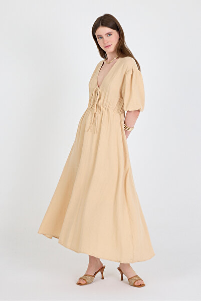 Rays Μπεζ 100% βαμβακερό μπροστινό φόρεμα με λεπτομέρεια μίντι 4785A