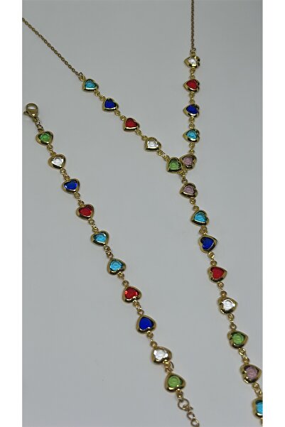 By Semra Paslanmaz Çelik Özel Seri Kalp Zirkon Renkli Taşlı Gold Zincirli Y Kolye & Bileklik Seti