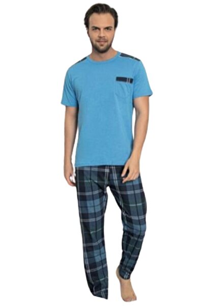 pamuklu Pijamale bărbătești, bumbac, pantaloni lungi, cămașă cu mânecă scurtă și buzunar, albastru, mărimea S