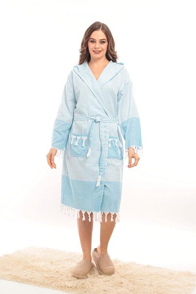 Lio20 Unisex Hürrem Tassel Model Bathroom-Pool-Sea-Beach Cotton Bathrobe-Turquoise