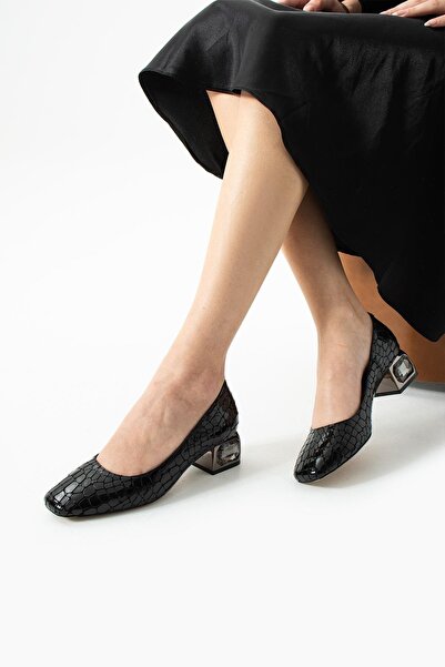 FOLLİNİ Women's Genuine Leather Heel Detailed Classic Shoes Black Patent Leather