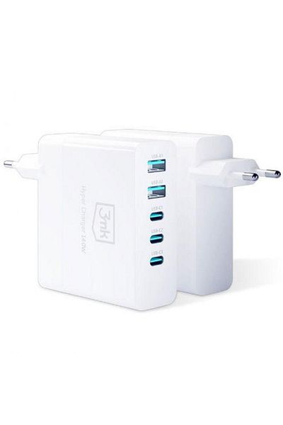 3MK Network charger 3MK Hyper Charger GaN, Quick Charge, 140W, 2 X USB-A, 3 x USB Type-C, (White)