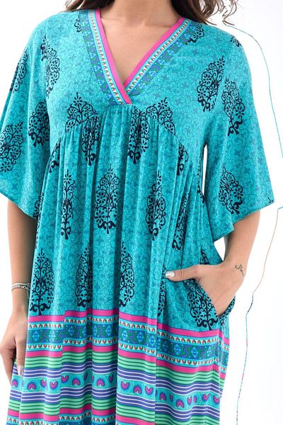 kalben outlet Ethnic Pattern V Neck Short Sleeve Relaxed Fit Women's Dress