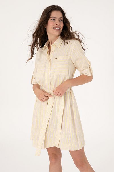 U.S. Polo Assn. Women's Cream Linen Blend Striped Belted Mini Size Woven Dress 50306595-Vr071