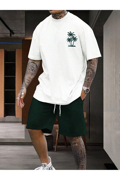 PENTHİLUS Beach tree print short-sleeved t-shirt and lace-up waist shorts, suitable for outdoor use