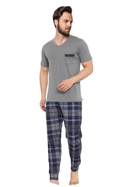 pamuklu Men's Pajamas, Cotton, Long Pants, Short Sleeve Shirt, Grey, 2XL