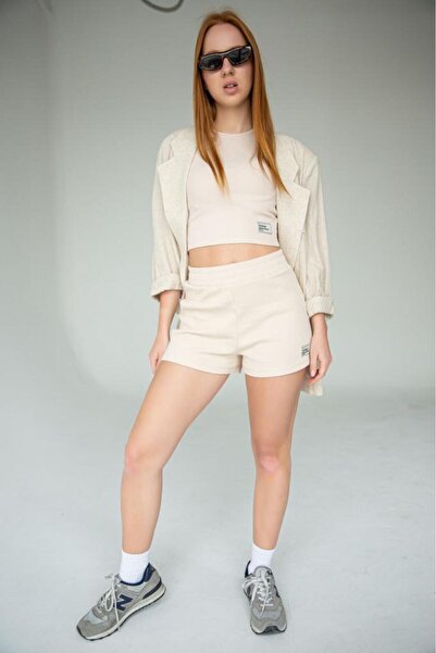 bases. Kadın Beli Lastikli Kaşkorse Örme Şort