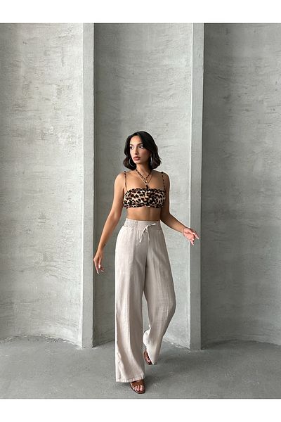 Miss Prova Wide Leg Draped Summer Pants with Waist Tie and Waist Elastic Misspnt2659