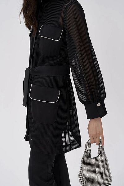 my312 Embroidered Pockets Transparent Tie-Up Tunic
