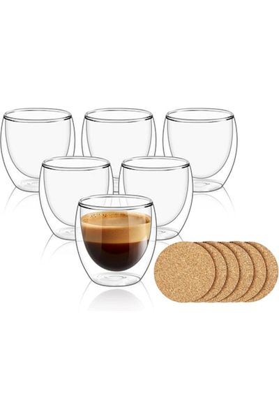 İdeas4comfort Set 6 glasses with double layer for coffee and tea, made of heat-resistant transparent glass, no han